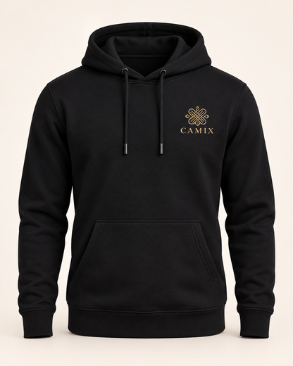 CAMIX hoodie — zwarte uitvoering met gouden logo, digitale productvisual