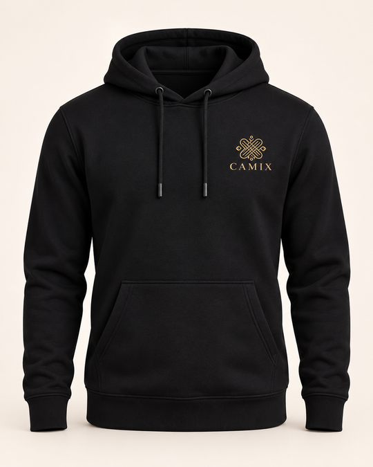 CAMIX hoodie — zwarte uitvoering met gouden logo, digitale productvisual
