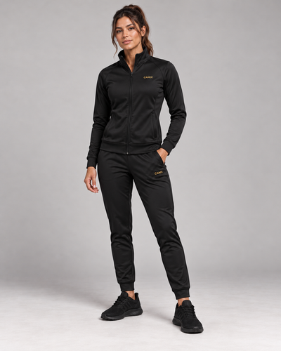CAMIX Performance Trainingspak Dames zwart met gouden logo – vooraanzicht