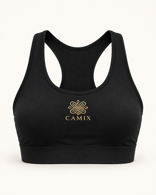 CAMIX sports-bra — zwarte uitvoering met gouden logo, digitale productvisual