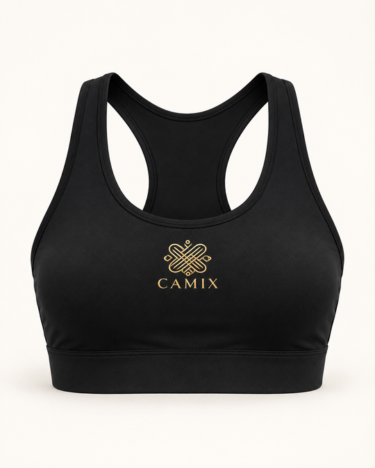 CAMIX sports-bra — zwarte uitvoering met gouden logo, digitale productvisual