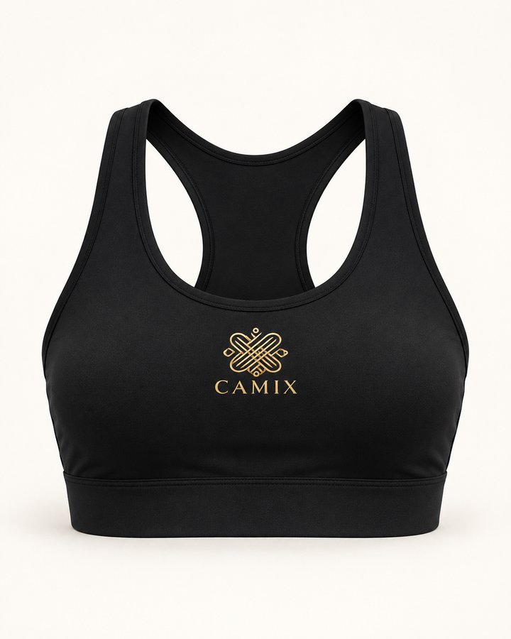 CAMIX sports-bra — zwarte uitvoering met gouden logo, digitale productvisual